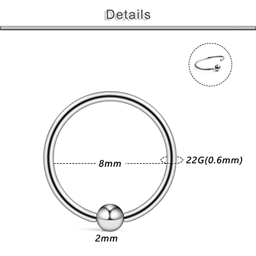22G Thin Nose Rings Hoops 316L Surgical Steel Captive Bead Septum Nose Hoop Rings Eyebrow Lip Rings Cartilage Helix Rook Daith Earring Piercing Jewelry For Men Women 8mm - color: 6PCS-8MM-Mix Color #2