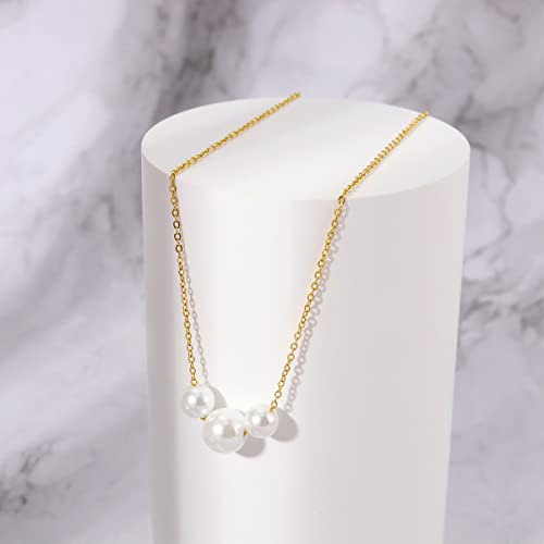 Pearl Necklaces for Women,14K Real Gold Plated Dainty Cute Pearl Necklace for Women Handmade Pearl Chain Necklace Everyday Jewelry Gift - color: Classic Style-Three Pearl-Gold
