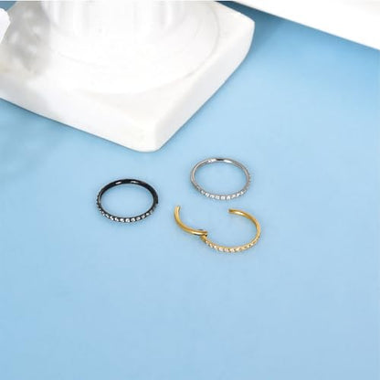 Lantine G23 Titanium Nose Rings Hoops Seamless Clicker Cz Nose Septum Piercings Rings Cute Diamond Hinged 16g 20g Cartilage Conch Daith Helix Tragus Piercing Jewelry - color: Black, size: 20g 8mm