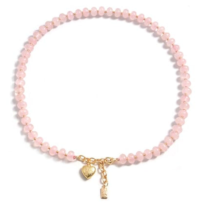 Boho Gemstone Beaded Necklace for Women – Colorful Natural Stone Choker 18K Solid Heart-Shaped Pendant, Summer Beach Jewelry - color: Rose Quartz