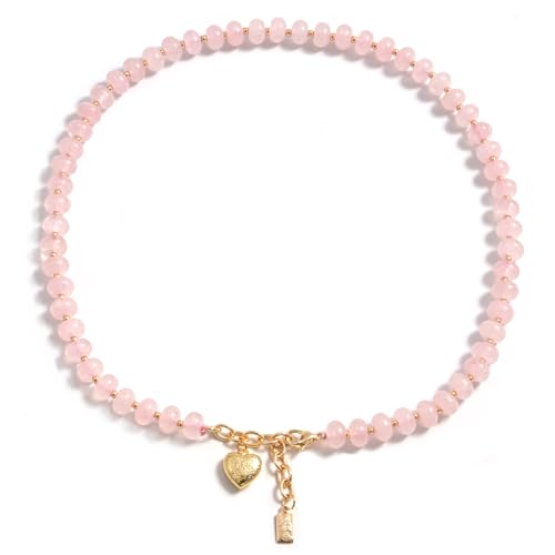 Boho Gemstone Beaded Necklace for Women – Colorful Natural Stone Choker 18K Solid Heart-Shaped Pendant, Summer Beach Jewelry - color: Rose Quartz