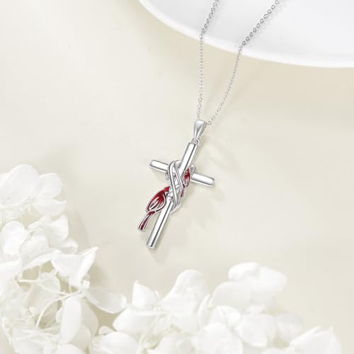 POPLYKE Cross Necklace for Women 925 Sterling Silver Cross Pendant Necklace Animal Jewelry Christmas Gifts for Women Mother Grandma - style: cardinal