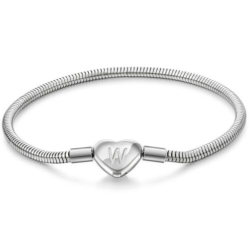 Initial Bracelet Heart Clasp Stainless Steel Snake Chain Alphabet Letter Charm Gift for Women Mom Girlfriend Wife - style: W
