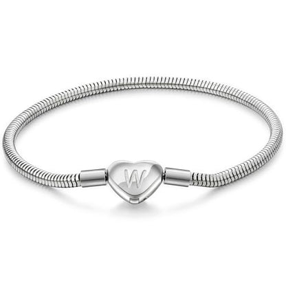Initial Bracelet Heart Clasp Stainless Steel Snake Chain Alphabet Letter Charm Gift for Women Mom Girlfriend Wife - style: W