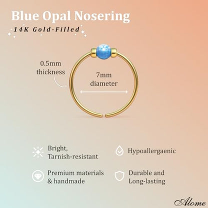 925 Sterling Silver & 14K Gold Filled Nose Ring Hoop Handmade Piercing Jewelry For Women - 24 Gauge 2mm,7mm Tiny Nose Ring with Opal - Gift Ready - color: Light Blue Opal Gold