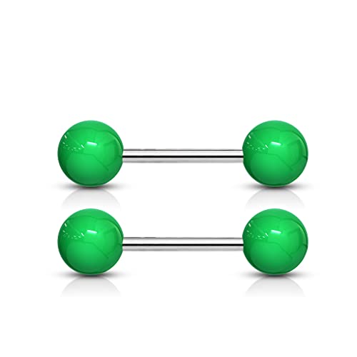 Forbidden Body Jewelry 14 g 16 mm Stainless Steel Nipple or Tongue Ring Barbell Set with Acrylic Balls (Choose Color) - style: Green