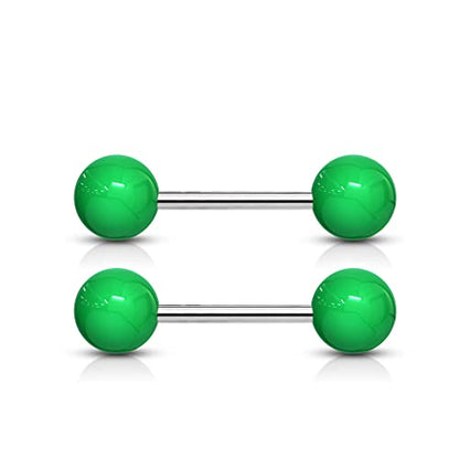 Forbidden Body Jewelry 14 g 16 mm Stainless Steel Nipple or Tongue Ring Barbell Set with Acrylic Balls (Choose Color) - style: Green