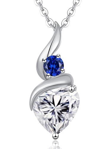 ANDSO Heart Moissanite Necklaces Birthday Jewelry Gifts for Women | S925 Silver /Gold Plating Birthstone Necklace, Ideal Anniversary Christmas Valentine Present for Mom Wife Her Girlfriend - style: Silver-2 Carat-Sapphire Royal Blue