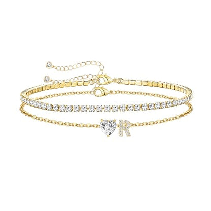 Gold Bracelets for Women Trendy Dainty 14K Gold Plated Layered Initial Tennis Bracelets for Women Non Tarnish A-Z Heart Letter Charm Gifts for Mom Best Friend - style: Gold-R
