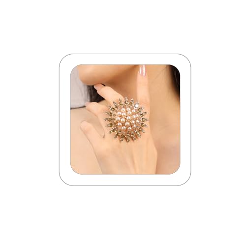 Elegant Big Crystal Ring for Women Gold Stacking Pearl Rhinestone Flower Rings Open Finger Adjustable Crystal Statement Ring Jewelry for Bridal Wedding - color: Crystal 2-gold