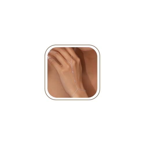 Waterproof 14K Gold Plated Hand Chain for Women Trendy, Non Tarnish Dainty Cubic Zirconia Finger Ring Bracelet, Summer Beach Hand Jewelry Minimalist Adjustable Simple Cute Gold Ring Chain Bracelets Fashion Gifts - color: Silver