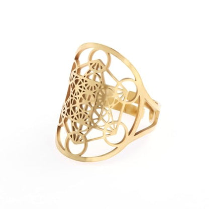 Metatron's Cube Ring Angel Seal Archangel Metatron Cube Protection Statement Hollowed Out Womens Stainless Steel Open Band Ring Jewelry - color: Gold
