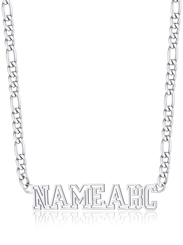 GoldChic JEWELRY Name Necklace Personalized for Men, Womens Custom Name Plate Chain, Stainless Steel Customized Old English Nameplate Choker with Curb Chains Custom, 16 inches to 30 inches - color: Figaro Chain 6 mm - Steel