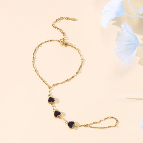 Hand Chain Bracelets for Women 14K Gold Plated Dainty Link Bracelet Bracelets Trendy Ring Bracelet Birthday Jewelry Gifts for Women - style: Black Heart