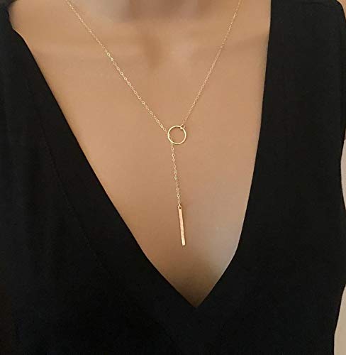 itianxi Gold Tiny Y Shaped Dainty Necklace 18K Gold Plated Cute Bar Vertical Lariat Necklace for Women - color: circle gold