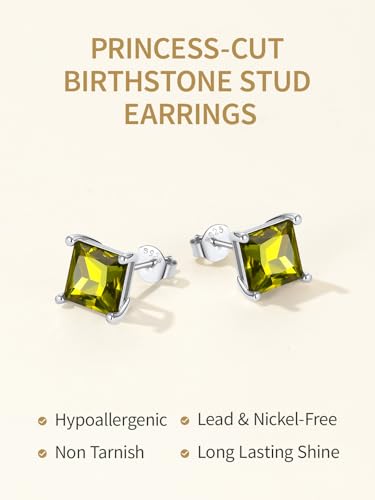FindChic 2 Carat Birthstone Stud Earrings for Women, Round/Heart/Princess Cut Stud Earrings, Hypoallergenic Studs with 925 Sterling Silver Posts, 12 Months Birthday Jewelry Gift - color: 05. May-Emerald(Princess Cut)