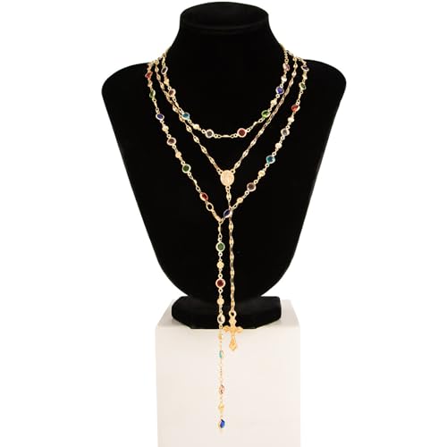 Layered Cross Necklace Set for Women, Layered Choker Necklaces Trendy Jewelry, Colorful Enamel Beaded Y-Shaped Lariat Necklace, Boho Multilayer Cross Necklace for Party and Daily Wear - color: Gold-11
