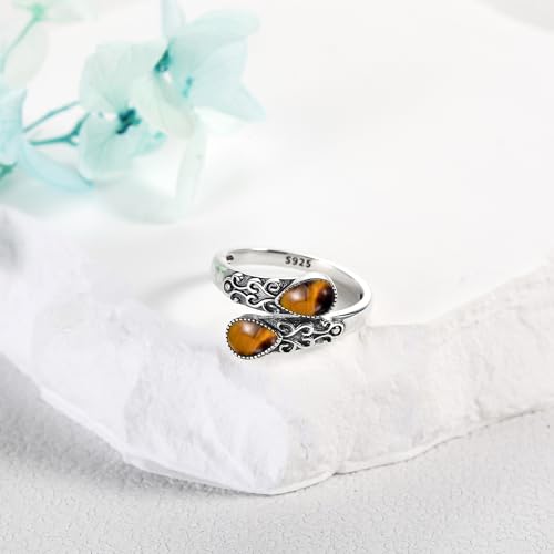 Ring for Women Sterling Silver Adjustable Band Open Rings Jewelry Gifts for Girls - style: Tiger Eye