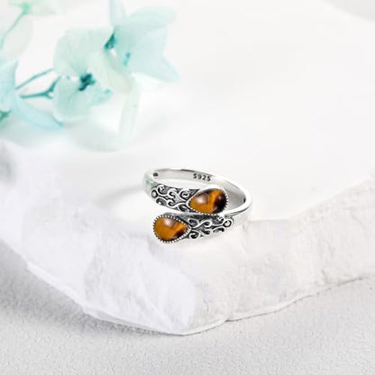 Ring for Women Sterling Silver Adjustable Band Open Rings Jewelry Gifts for Girls - style: Tiger Eye