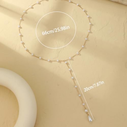 Gold Pearl Back Drop Necklace for Women Long Lariat Y Back Chain with Teardrop Pendant Bridal Wedding Backdrop Body Jewelry for Backless Dress