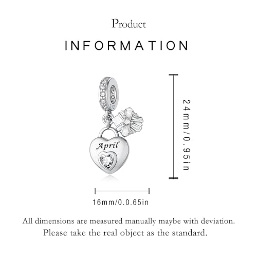 LNQOBU 925 Sterling Silve Heart-shaped Birthstone Charm for Bracelets, With 5A Cubic Zirconia Birthday Charms Dangle Pendant Bead for Pandora Bracelets - color: D-April