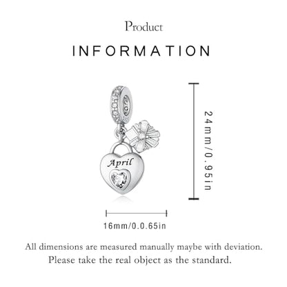 LNQOBU 925 Sterling Silve Heart-shaped Birthstone Charm for Bracelets, With 5A Cubic Zirconia Birthday Charms Dangle Pendant Bead for Pandora Bracelets - color: D-April