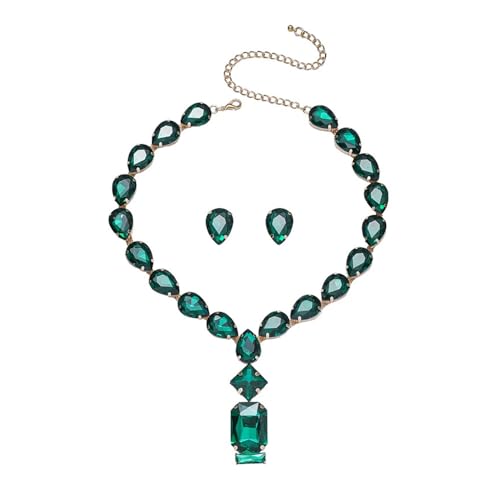 Fashion Colorful Green Silver Bridal Teardrop Crystal Necklace Earrings Set Square Necklace Pendant Crystal Wedding Jewelry for Women Exaggeration Halloween Choker Necklace Earrings Set for Women - color: Green