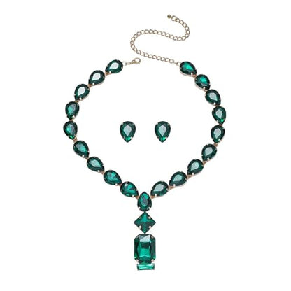 Fashion Colorful Green Silver Bridal Teardrop Crystal Necklace Earrings Set Square Necklace Pendant Crystal Wedding Jewelry for Women Exaggeration Halloween Choker Necklace Earrings Set for Women - color: Green