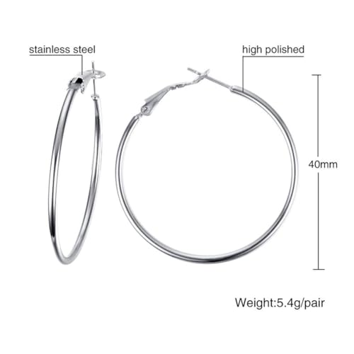 Large Hoop Earrings for Women 4 Pairs Stainless Steel Gold and Silver Hoop Earrings Set Lightweight Hypoallergenic Big Hoop Jewelry for Everyday Party and Gifts 40mm 70mm - color: Silver-40mm