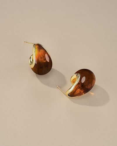 SNGIA Oval C Shape Chunky Dangle 18K Gold Plated Hoops with Colored Resin Gemstone Statement Earrings for Women by SNGIA, (Green, Brown, Blue, Pink, White, Cream), Long Bold Drop Handmade Exaggerated Irregular Trendy Bohemian Jewelry Gifts, Unique Danglin