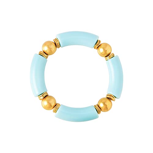 LALAPPLE Gold Plated Beaded Acrylic Bamboo Tube Bangle Bracelets for Women, Colorful Chunky Curved Tube With Gold Plated Pieces Beads Stretch Bracelet Friendship Summer Beach Jewelry - color: C-Sky Blue