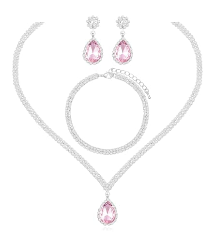 Elegant Silver Crystal Wedding Necklace Earrings Bracelet Jewelry Set for Women Brides Bridesmaids Prom Party Costume Accessory Bridal Jewelry - color: silver-pink