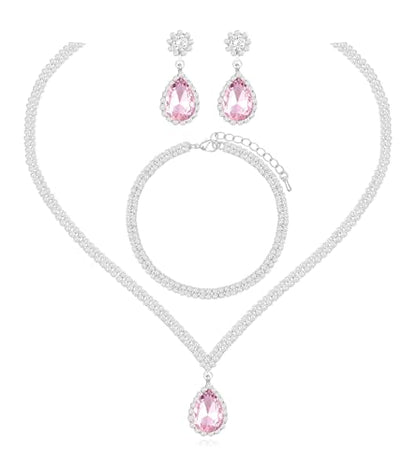 Elegant Silver Crystal Wedding Necklace Earrings Bracelet Jewelry Set for Women Brides Bridesmaids Prom Party Costume Accessory Bridal Jewelry - color: silver-pink