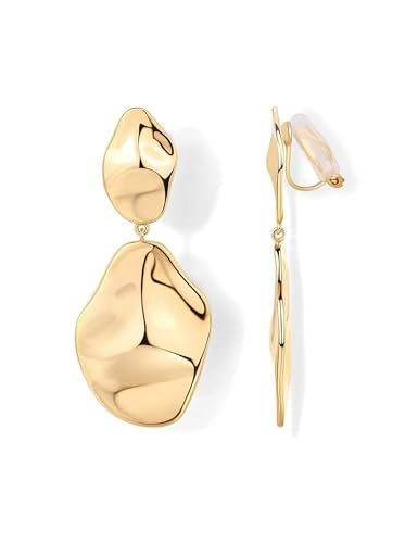 FAN&LOUIS Gold Silver Clip On Dangle Earrings Women,14K Gold Teardrop Statement Dangle Earrings Clips Lightweight Hammered Drop Dangle Clip-on Earrings for Women - style: Gold