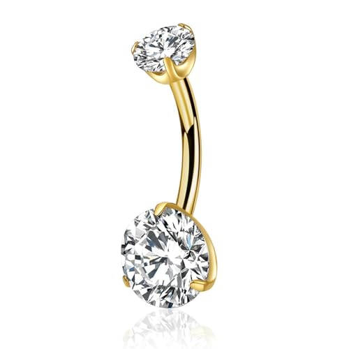 Gold Belly Button Ring, Titanium Dangle Floating Navel Piercing Jewelry - color: Gold-Rould CZ-10mm