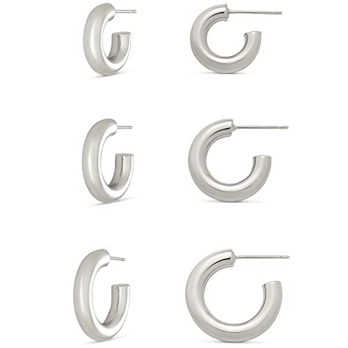 Amazon Essentials 14K Gold or Sterling Silver Plated Thick Tube Hoop Set - color: Silver