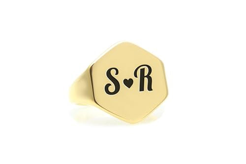 Custom Gold Signet Ring with Couples' Initials - Hexagon Shaped Anniversary Personalized Engraved Jewelry