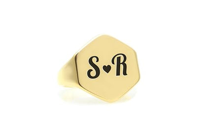 Custom Gold Signet Ring with Couples' Initials - Hexagon Shaped Anniversary Personalized Engraved Jewelry
