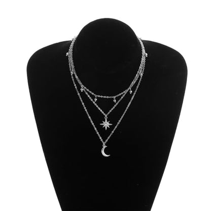 Layered Moon Star Crystal Necklace Gold Silver Plated Boho Charm Crescent Lucky Stars Small Bell Tassel Sparkly Rhinestone Cubic Zirconia Chain Necklace for Women Christmas Birthday Trendy Jewelry Gifts - color: Silver