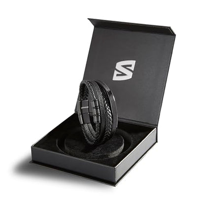 SERASAR Premium Leather Bracelet Men | Stainless Steel Magnetic Clasp | Three Colors | Jewelry Box Included - color: Black, size: 17cm, style: Brave