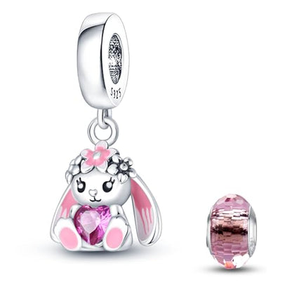 HappyStar 925 Sterling Silver Animal Dogs Charms Pendants fit Pandora Bracelets Necklaces Flowers Sports Travel Charms for Bracelets Women Jrwelry Gifts(with one Spacer Bead Charms) - style: 2-Flower Rabbit Charms