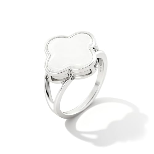Natural Onyx Agate Four Leaf Clover Jade Stone Ring,S925 Sterling Silver minimalist style Generous Genuine Gemstone Turkey Ring Jewelry for Women - color: Clover_B