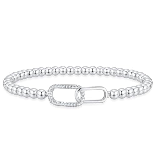 Beaded Bracelets for Women 14K Silver Gold Plated Stretch Handmade Ball Bracelets Cute Charm Bracelet Dainty Stackable Cross Heart Bow Wave CZ Circle Trendy Jewelry Easter Gifts - color: zirconia-square-silver