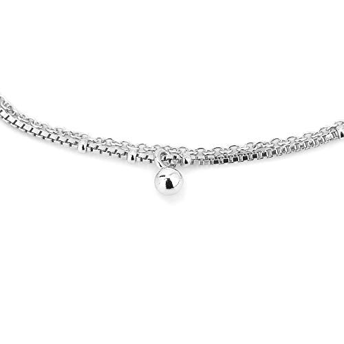Vanbelle Sterling Silver Jewelry - Rhodium Plated 925 Stamp - Double Layered & Hanging Beaded Chain Anklet - Stylish Beautifully Designed for Women - 9" Long + 1" Extender