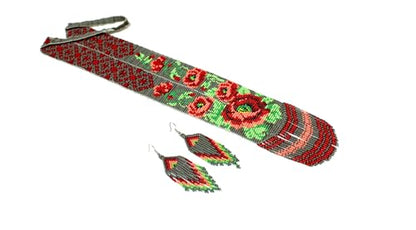 Long Beaded Necklace – Boho Native Handmade Seed Bead Tassel Necklace, Bohemian Large Statement Beaded Necklace for Women - color: Red Grey-Mix