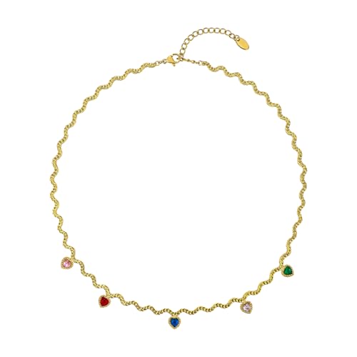 Hipunk Women Gold Plated Stainless Steel Wave Rope Chain Collar Necklace with Colorful Zirconia Flower Heart Charms Choker, Adjustable 16+2 Inch - color: heart