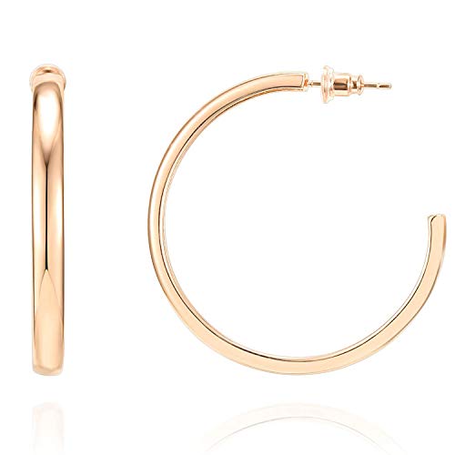 PAVOI 14K Gold Plated Wide Flat Edge Hoop Earrings for Women | Rose, White and Yellow Gold Hoops | Hypoallergenic Jewelry - color: Rose Gold, size: 40 Millimeters