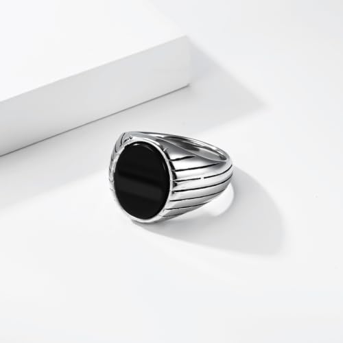 Oval Zircon Men's Grooved Signet | Retro Chunky Stainless Steel Geometric Band, Cool Industrial Statement Jewelry for Him, Biker Fashion Accessory - color: Round Silver
