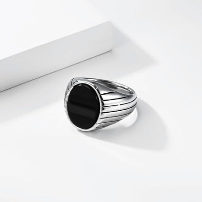 Oval Zircon Men's Grooved Signet | Retro Chunky Stainless Steel Geometric Band, Cool Industrial Statement Jewelry for Him, Biker Fashion Accessory - color: Round Silver