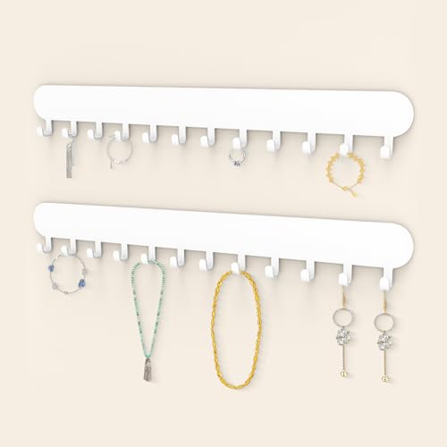 Necklace Holder - Wall Hanging Jewelry Organizer | Self-Adhesive Wall Mounted for Necklaces, Bracelets, 2 Pack, White - color: White-12 Hooks
